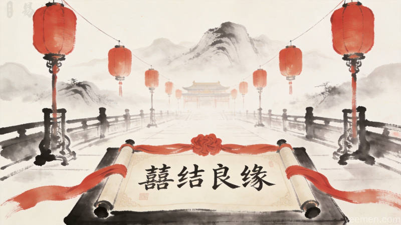 水墨风格中式婚礼场景,红灯笼与婚书呈现传统择日文化氛围