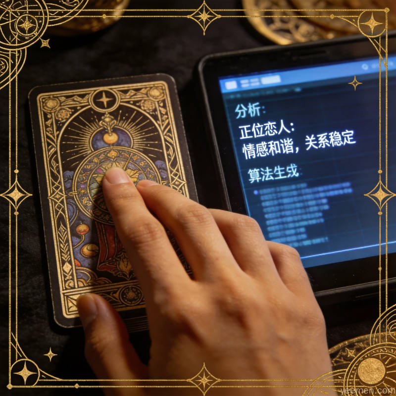 传统塔罗牌与屏幕上的数字解读界面并置对比两种分析方式
