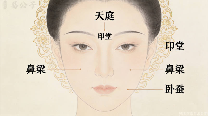 工笔画风格人物面部轮廓图,五官区域标注呈现传统面相文化