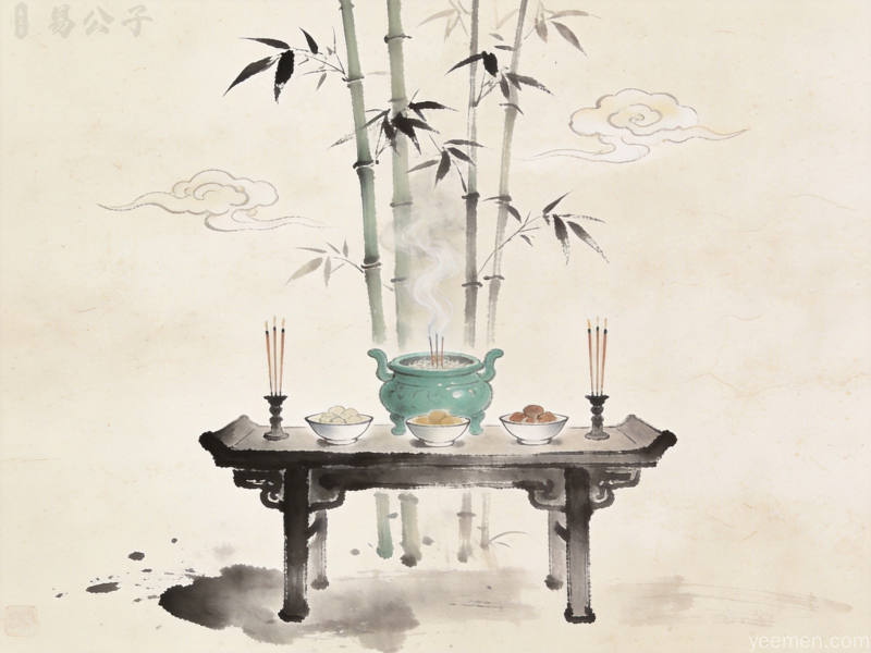 传统中元节祭祖场景的文化意象,展现古朴庄重的祭祀氛围