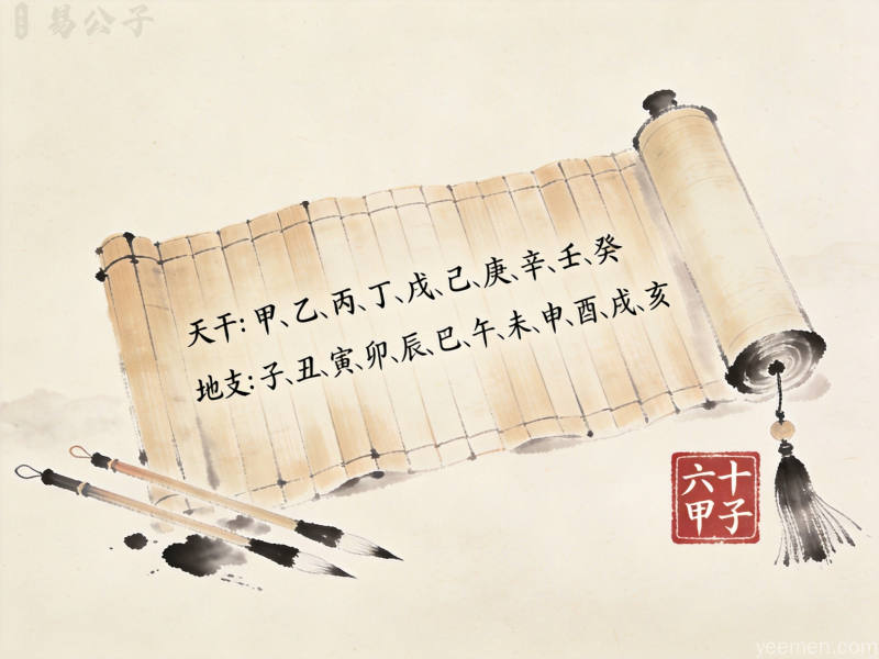 天干地支与六十甲子的传统文化意象，古朴书卷气质的竹简毛笔字