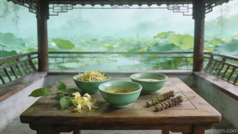清新风格的传统伏茶场景,凉亭中瓷碗与草本茶饮搭配荷塘远景