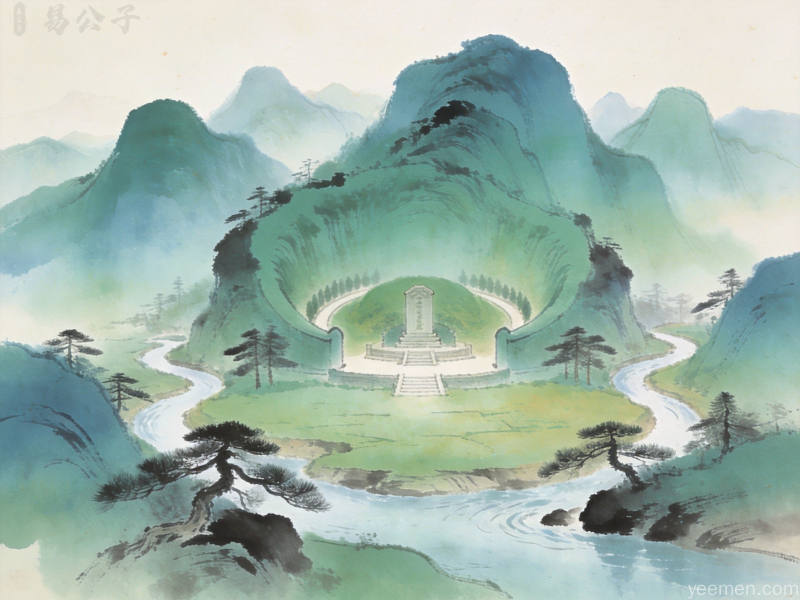 青绿山水画面中层峦叠嶂环抱平缓台地,溪水蜿蜒环绕,呈现传统墓葬选址的山环水抱格局