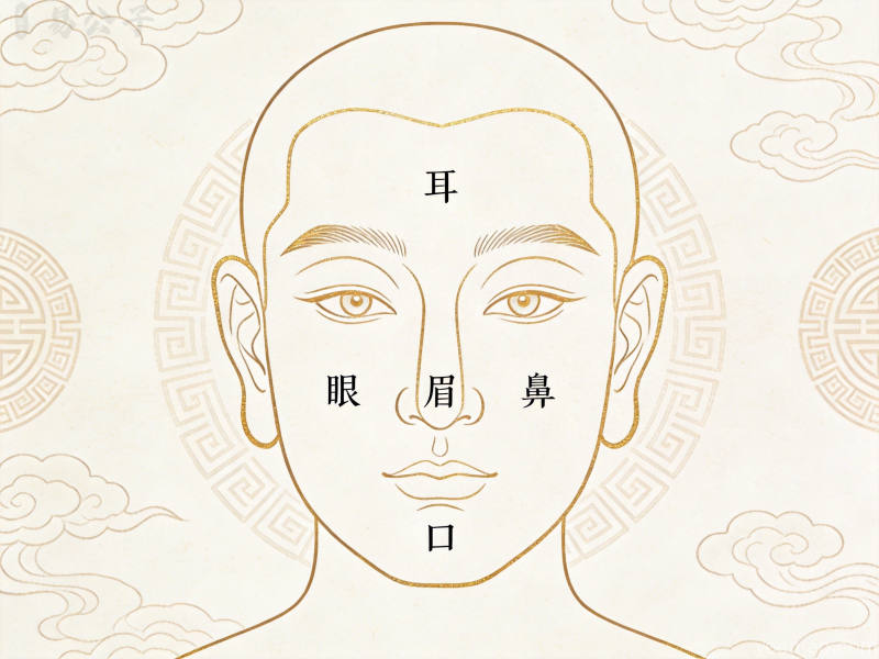 传统相学中面部五官区域的线描标注图