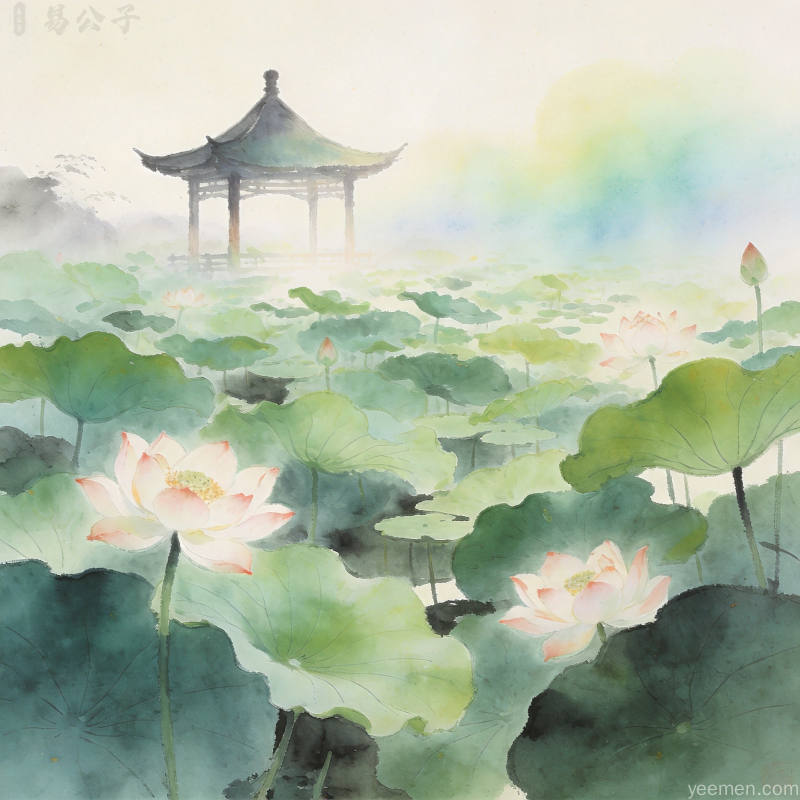 水墨风格的盛夏荷塘与凉亭场景，荷叶田田荷花绽放意境清幽