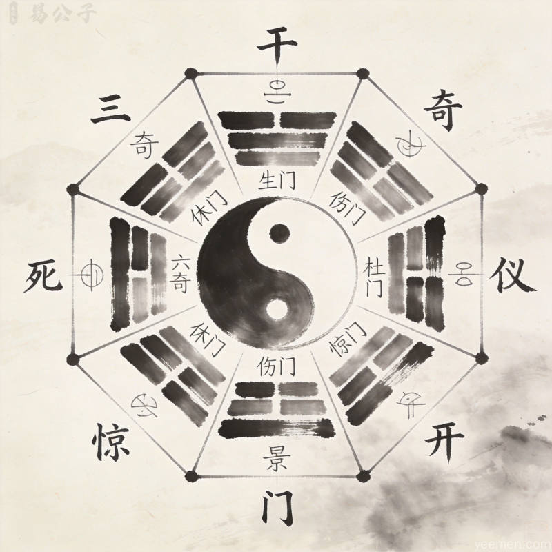 传统奇门遁甲九宫格与天干地支符号的水墨风格图案
