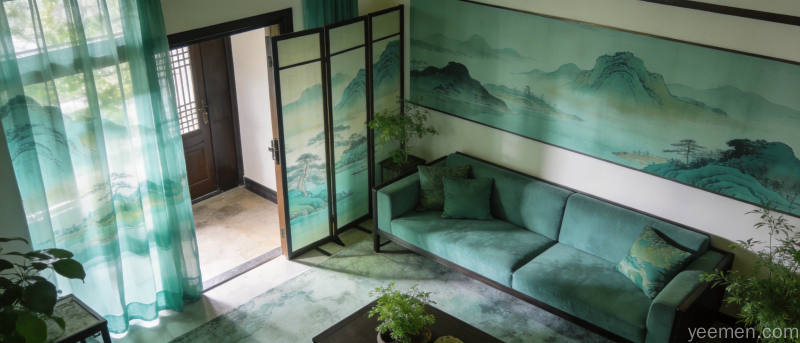 青绿山水风格的现代客厅空间俯瞰图展示舒适布局