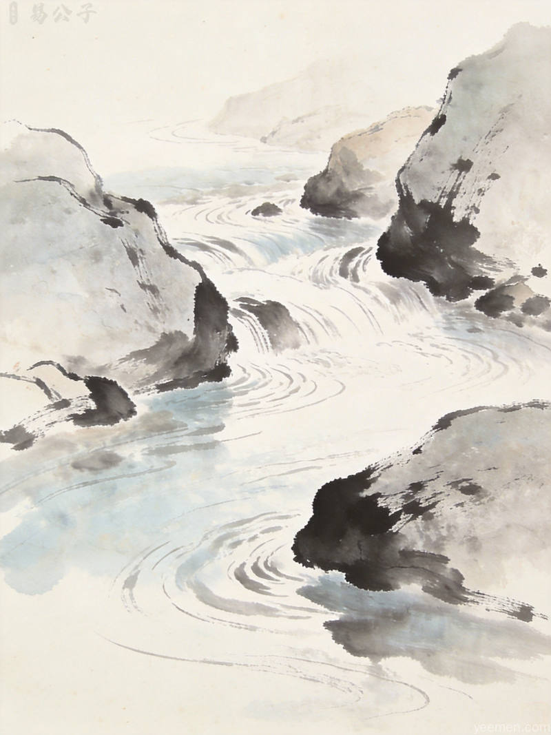 水墨留白风格的清澈溪流穿过山石画面