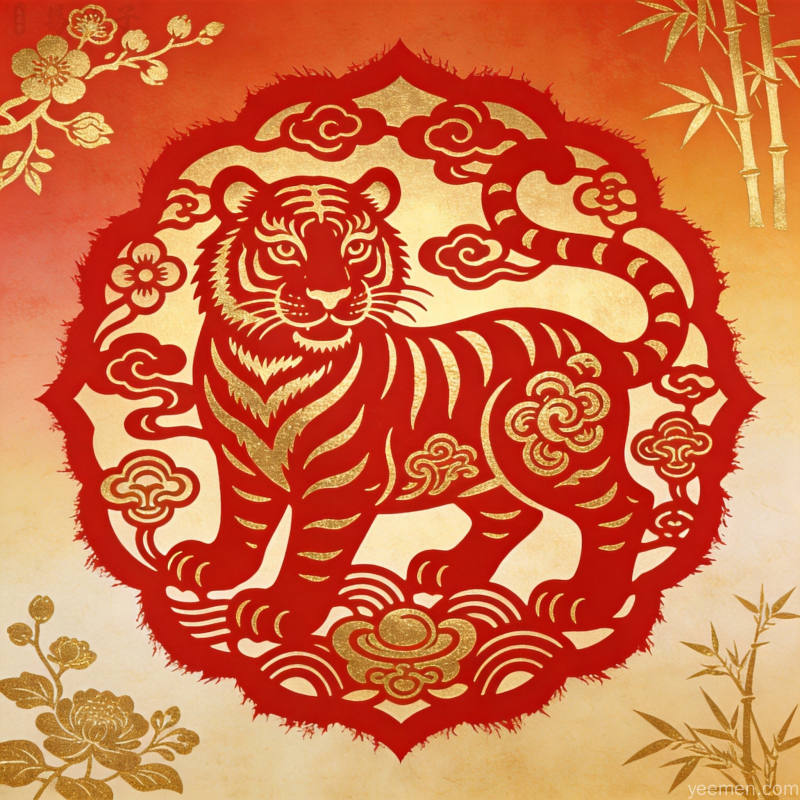 红金剪纸风格的生肖虎图案融合祥云如意纹样