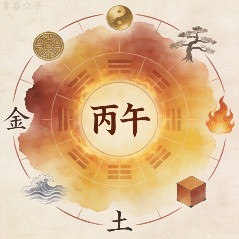 水墨风格天干地支命盘图案，五行元素环绕