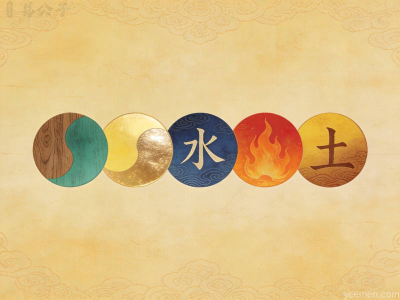传统五行相生关系图示，金木水火土五色排列