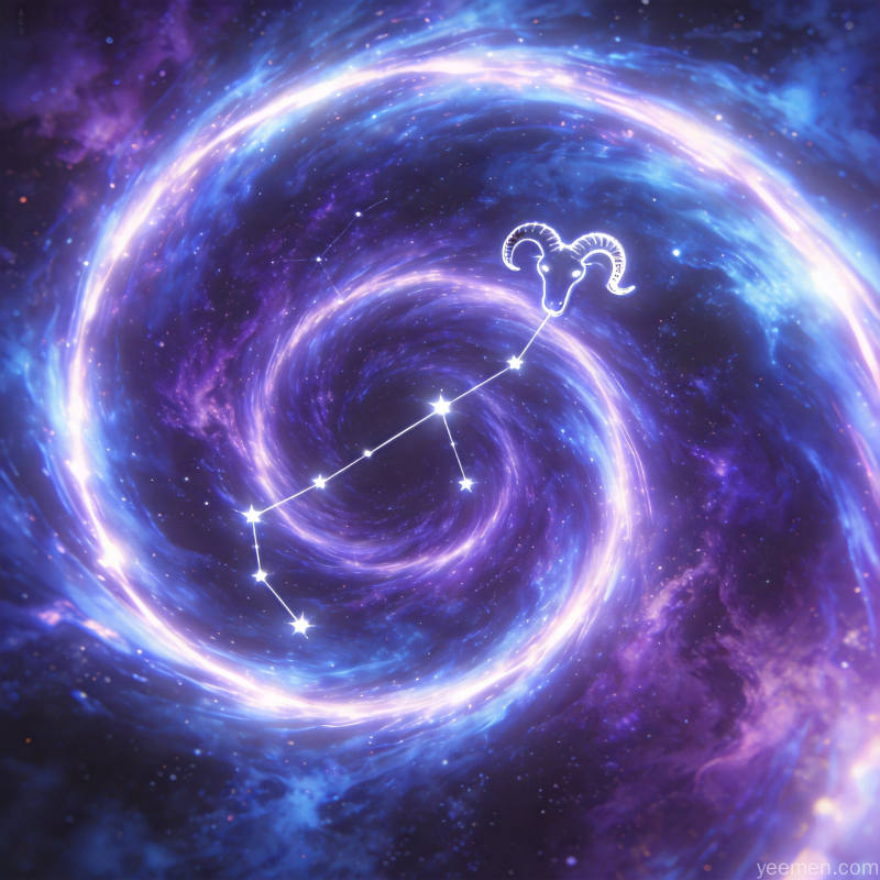 白羊座星图叠加螺旋光轨深紫蓝色星云宇宙意象