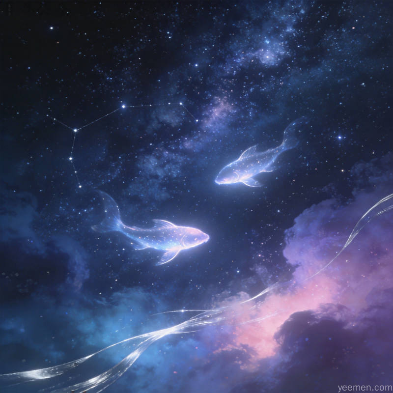 深蓝色调星空银河中两条鱼形光影在星云中游弋