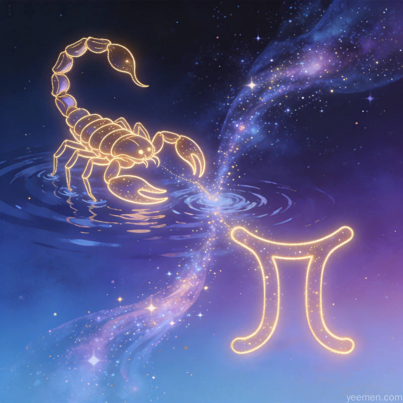 深蓝星空背景下天蝎座与双鱼座符号以金色光线勾勒相连