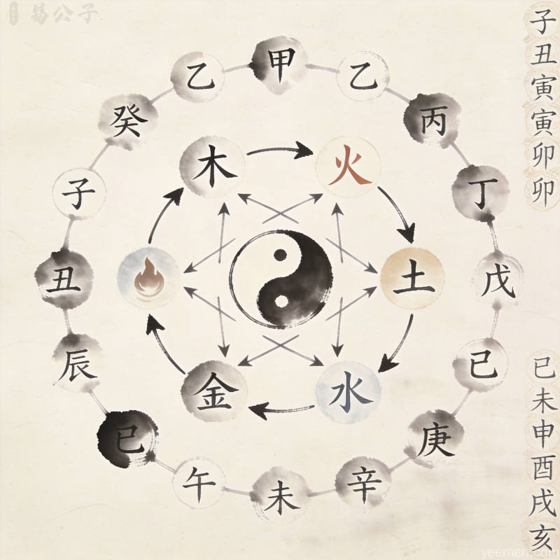 水墨风格的五行相生相克循环图示,配以天干地支文字装饰,宣纸纹理背景大面积留白,意境悠远