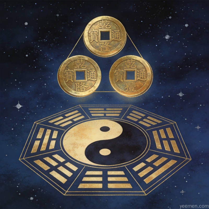 金线勾勒的三枚古代铜钱悬浮于八卦图案上方,深蓝色星空背景,营造神秘庄严的传统卦象推演氛围
