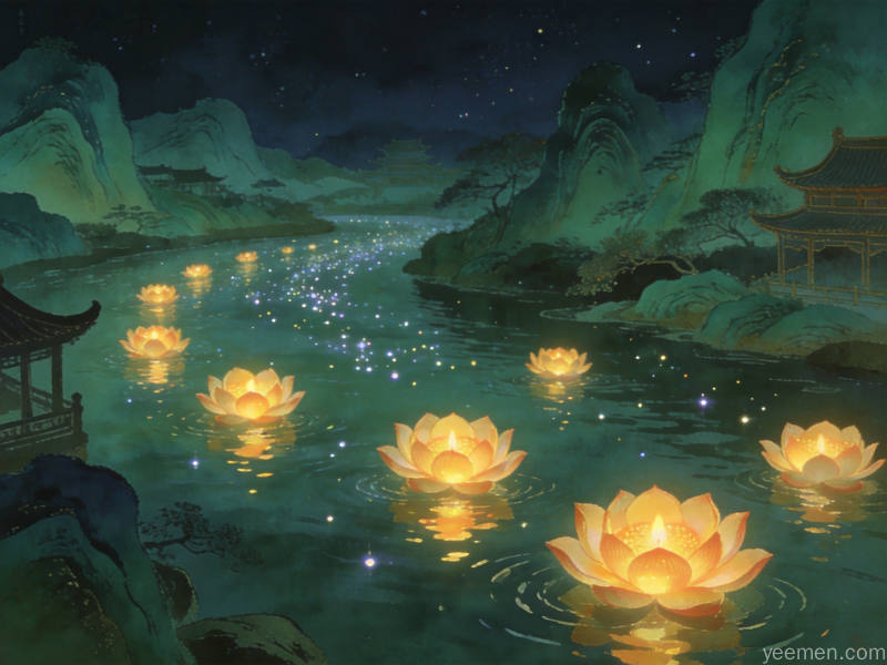 传统放河灯民俗夜色河面漂浮莲花河灯