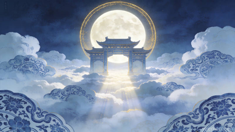 月朗天门意境图满月高悬于古典建筑之上