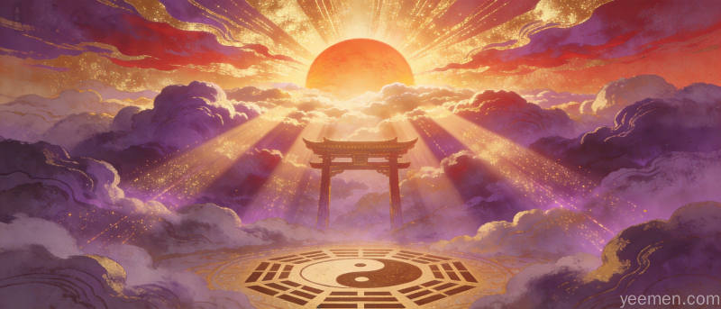 日照雷门旭日从东方升起万道金光穿云