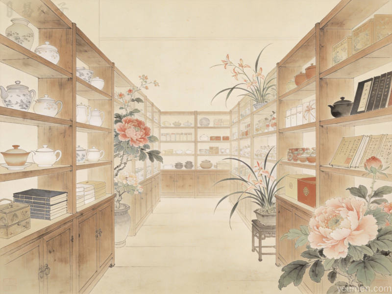 典雅的传统店铺内景布局,木质货架搭配花卉装饰营造舒适氛围