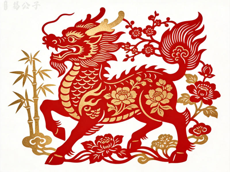 传统剪纸艺术风格的麒麟图案,象征太平仁德与家族兴旺