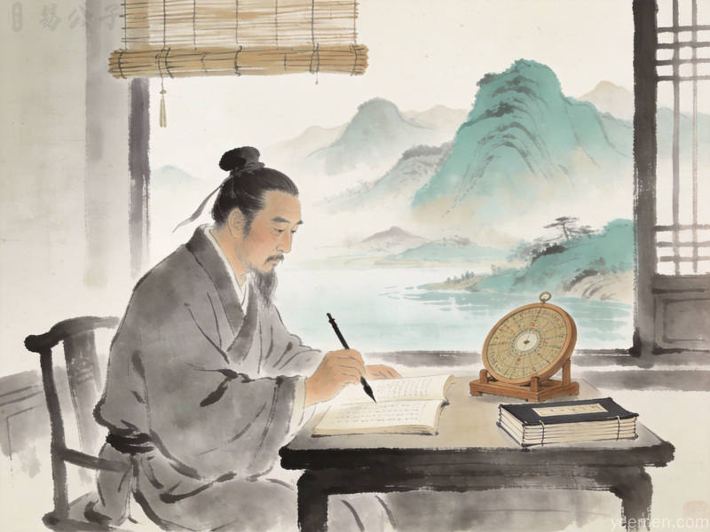 水墨风格的古代学者研读典籍场景,案几上摆放罗盘古籍