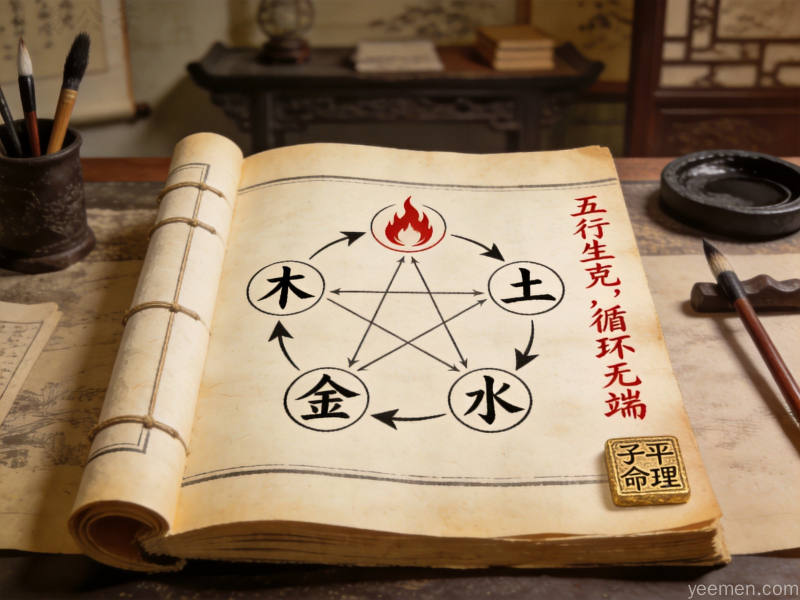 古籍书页风格的五行符号图解,线装书与朱砂批注