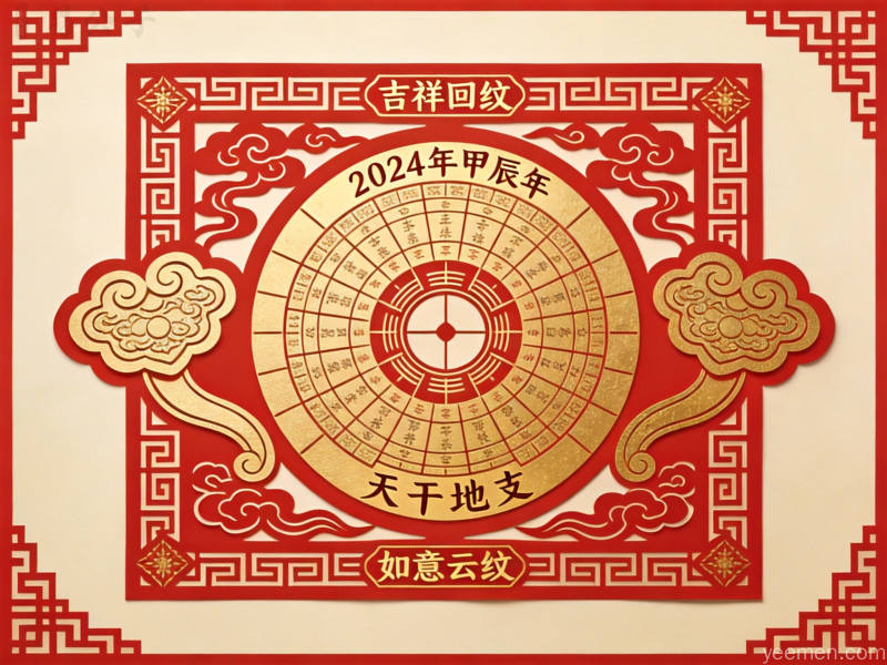 剪纸艺术风格的历书与罗盘图案