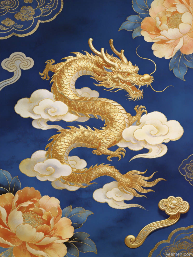 中国传统生肖龙与牡丹如意纹样的组合