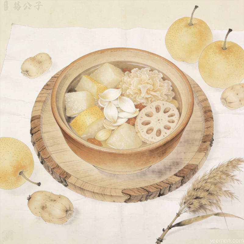 工笔画风格的秋季养生食材雪梨百合银耳搭配陶碗呈现温润古朴质感