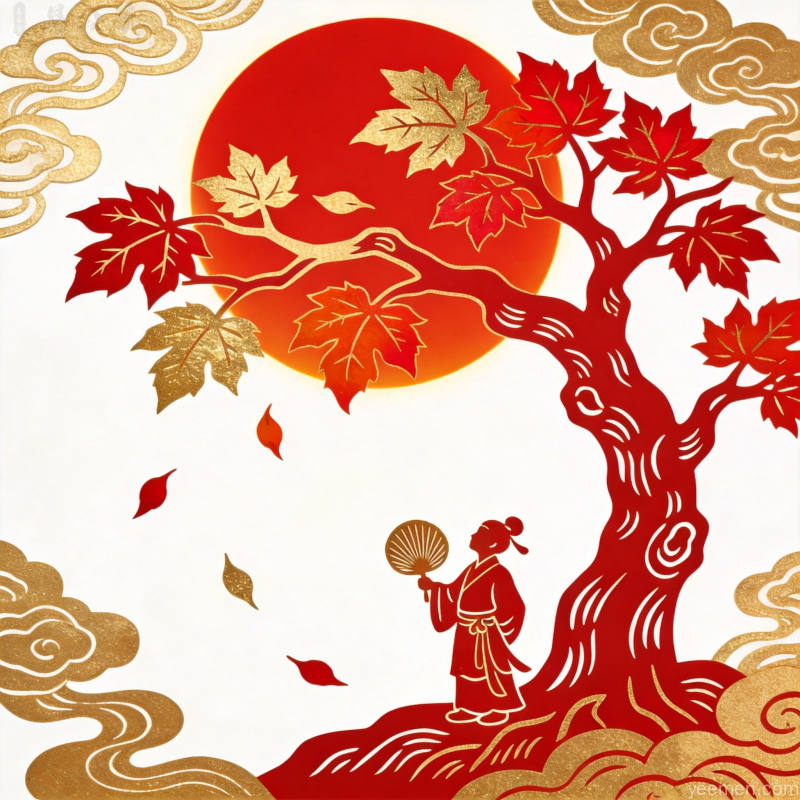 剪纸艺术风格的立秋节气图案以梧桐落叶和秋风为主题红金配色吉祥喜庆