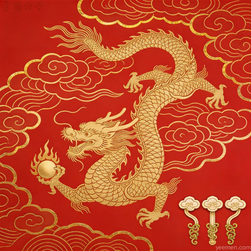 金线勾勒的龙纹图腾搭配祥云和如意纹样以红金配色呈现典雅庄重的视觉效果