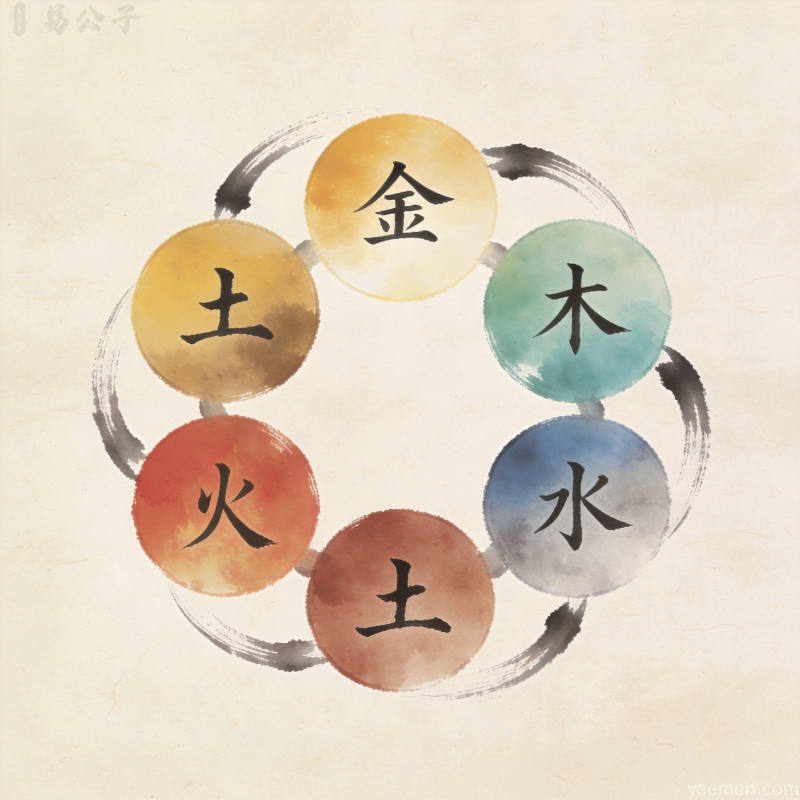 宣纸纹理背景的五行相生图案金木水火土循环排列水墨渐变简洁大气