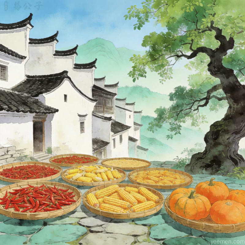 青绿山水风格的南方山区晒秋场景竹匾晾晒农作物与白墙黛瓦相映成趣