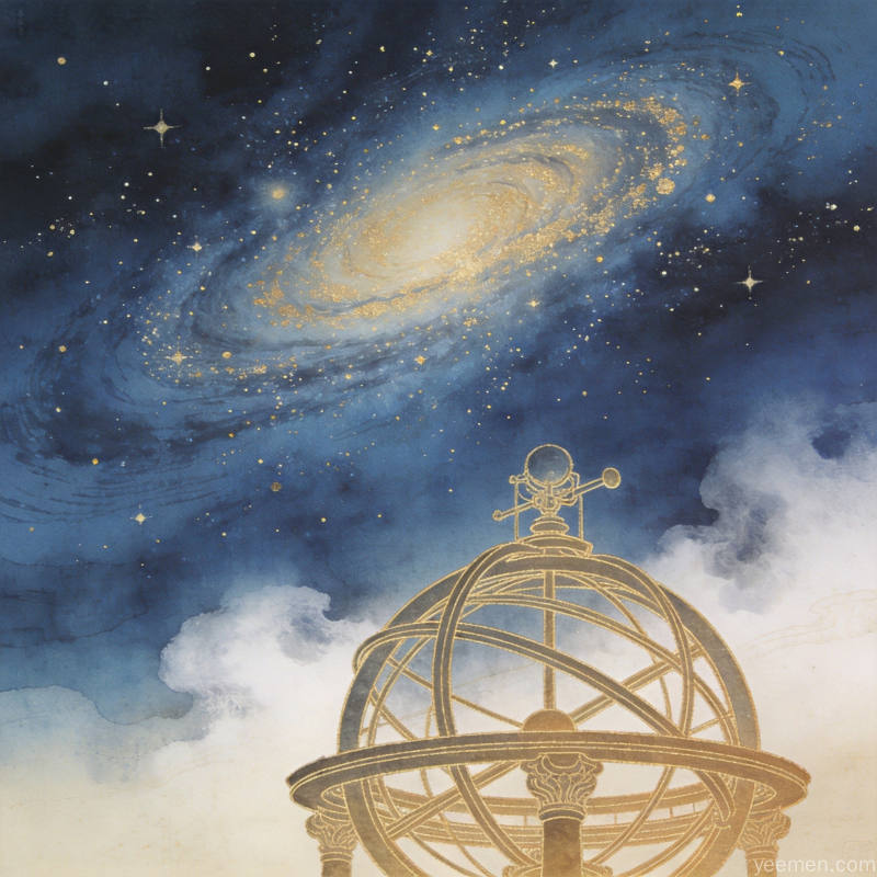 工笔画风格的星空夜景搭配古代天文观测台轮廓