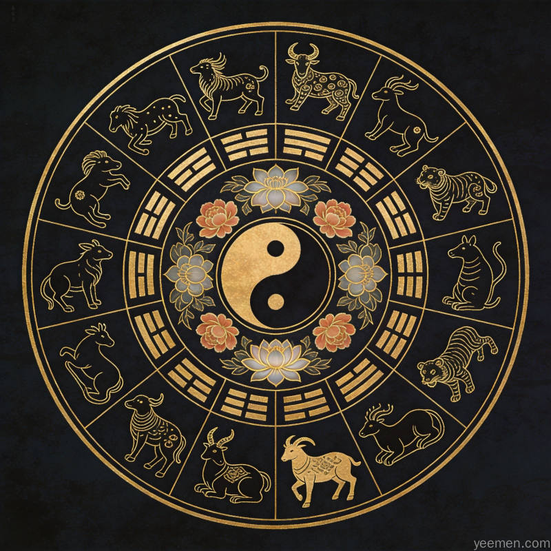 金线勾勒的十二生肖圆形图案与太极符号，传统民俗文化元素