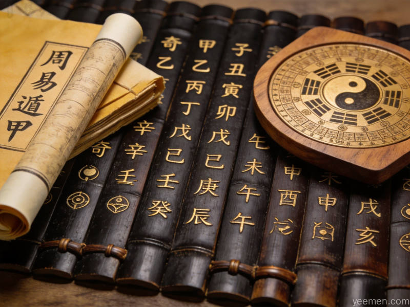 竹简篆刻风格的天干地支符号与罗盘，呈现传统解卦框架
