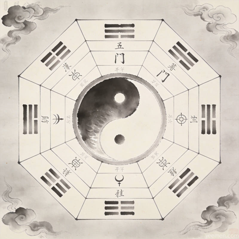 古代罗盘九宫八卦方位标记的特写图