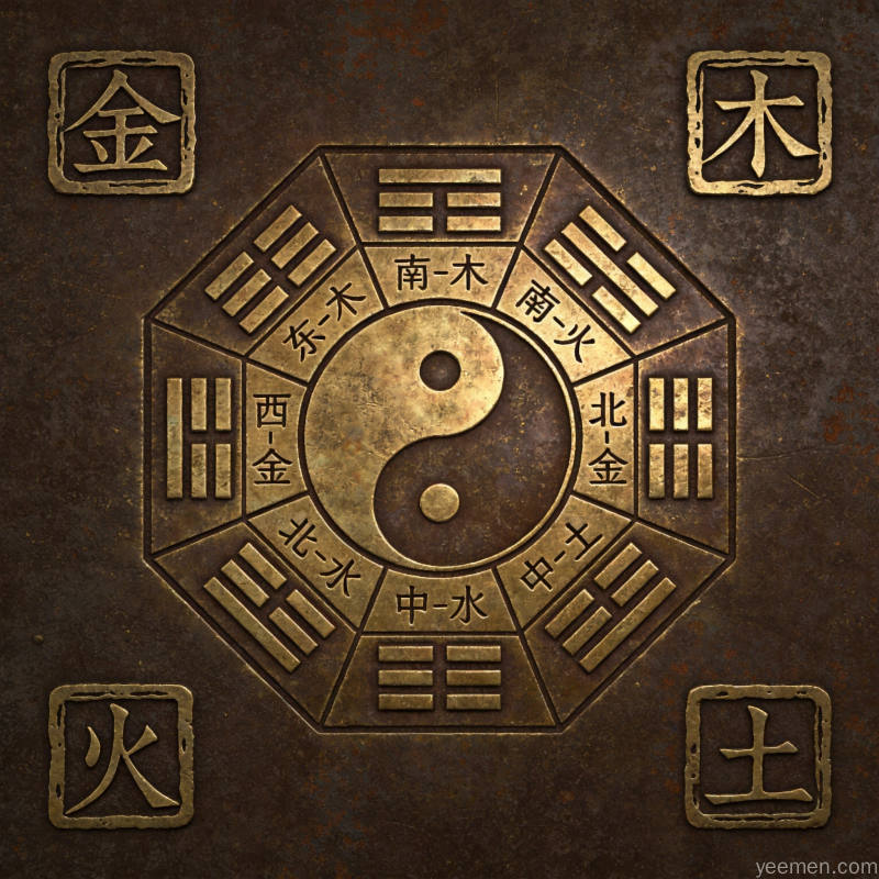 金石篆刻风格的五行方位罗盘传统文化插图
