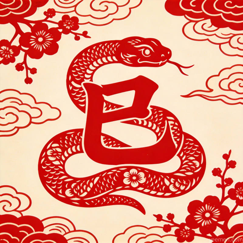 青花瓷风格蛇形纹样，蓝白相间清雅脱俗，点缀莲花与祥云图案，古典雅致气质