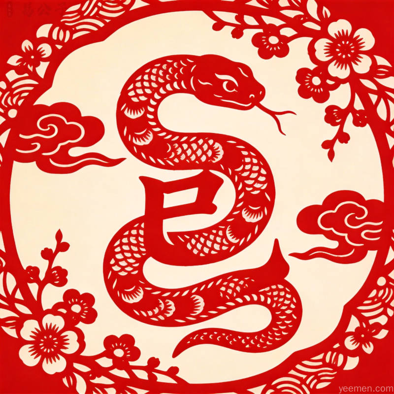 金色勾勒风格蛇形图腾，线条流畅细腻，背景配以祥云与如意纹样，富贵华美氛围