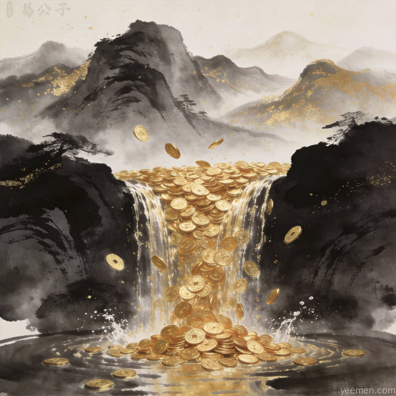 流水潺潺流过金色钱币，寓意财源滚滚