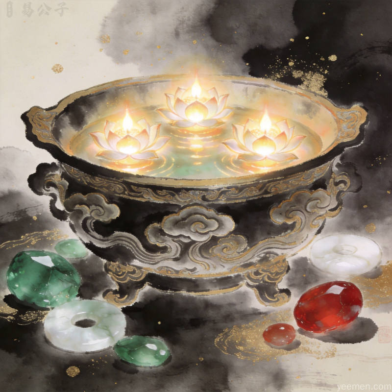 莲花灯点缀的聚宝盆，整体富贵吉祥