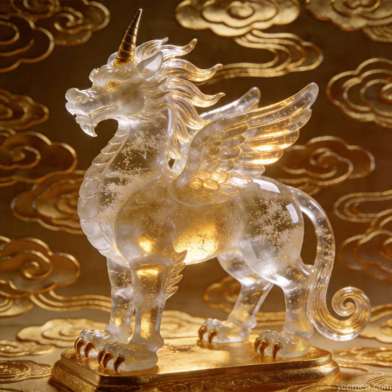 水晶独角神兽摆件：透明水晶材质，寓意聚财纳福