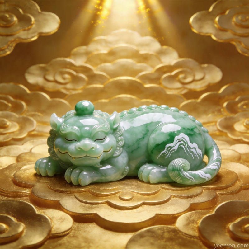 翡翠貔貅摆件：翠绿玉石雕琢，憨态可掬，象征招财进宝