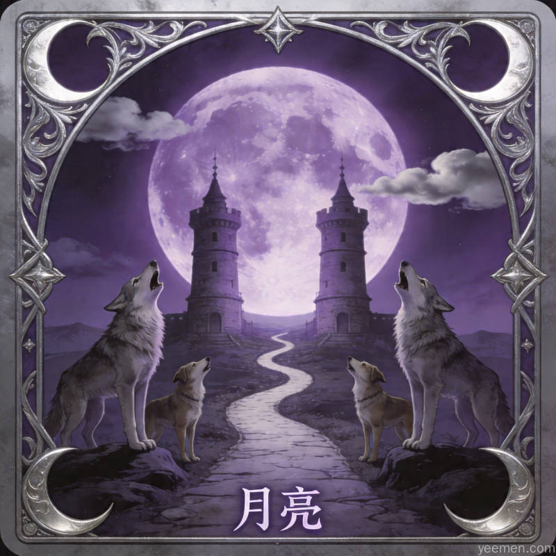 塔罗牌月亮牌面：满月下狼嚎的神秘景象，象征潜意识与变化