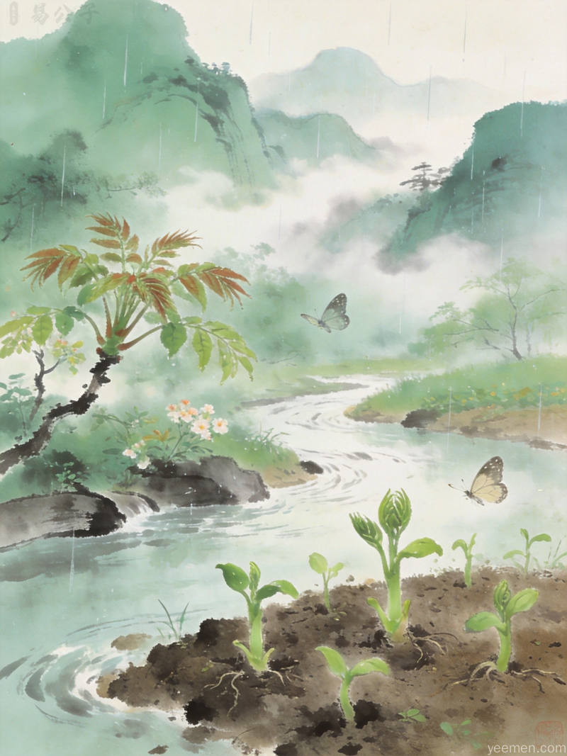 香椿树新芽绽放，蝴蝶翩翩飞舞，体现温润清新氛围