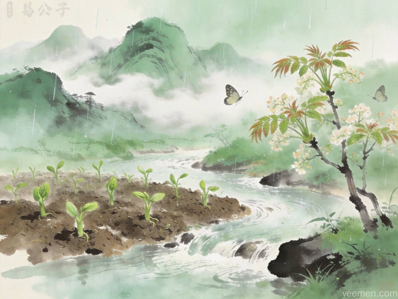 溪水潺潺流淌，水墨画风格谷雨养生场景