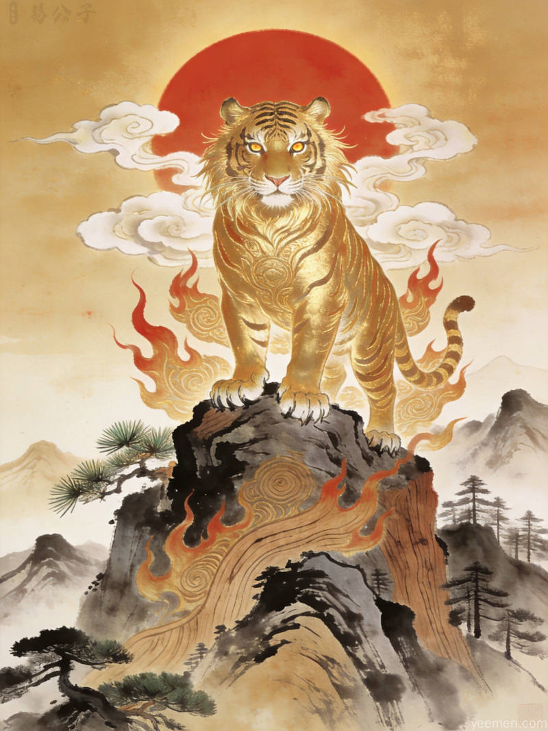 虎身周围火焰纹样和木纹交织，命理格局磅礴气势