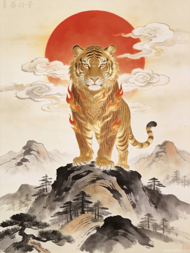 猛虎身后红日初升，气势磅礴庄严肃穆